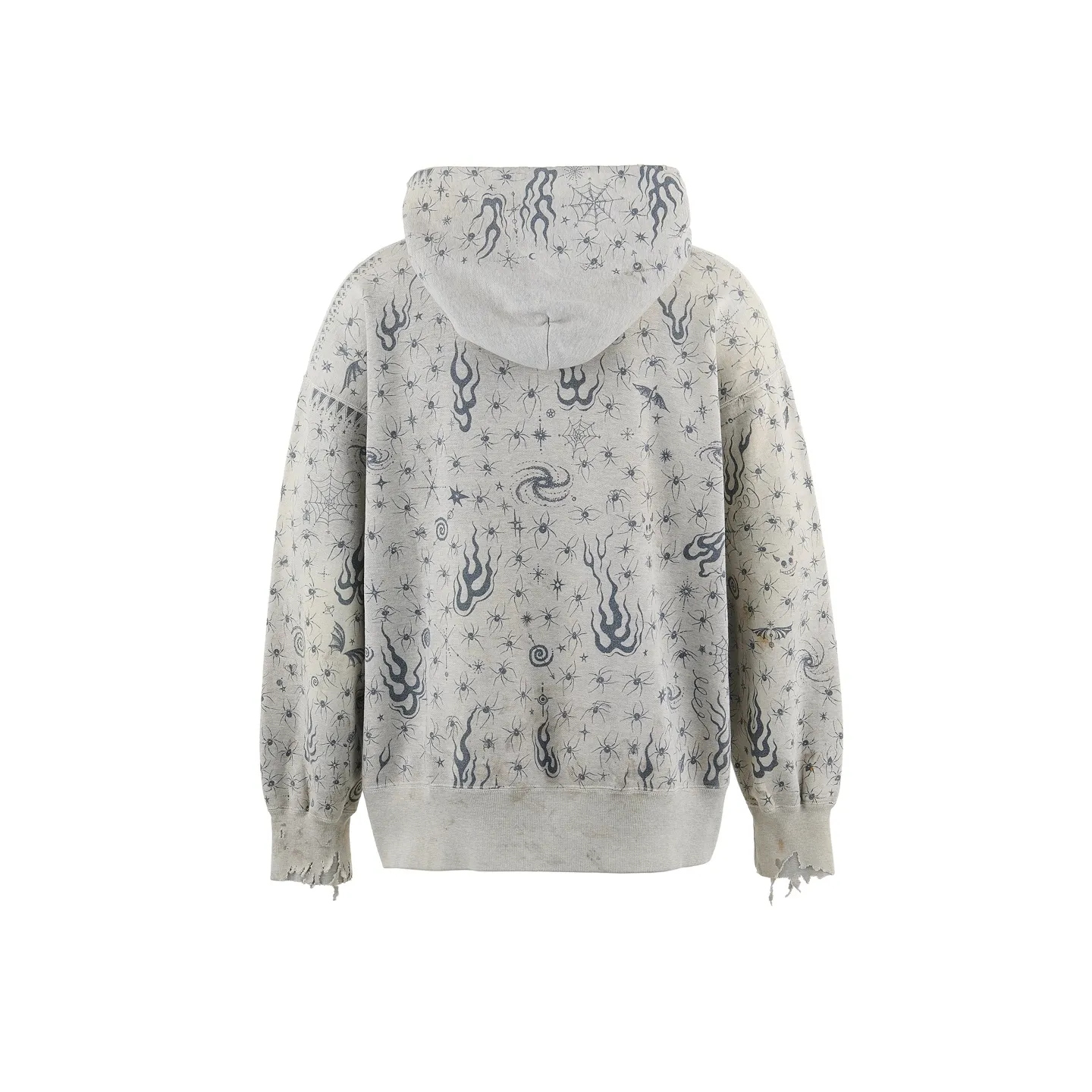 SAINT Mxxxxxx x DR. WOO HOODIE ' Dr.Woo ' /GRY Flame Swirl Spider Web Hoodie Distressed Gray S-XL Custom-woven and dyed nostalgic gray fabric. After printing, the garment is sprayed with potion to cause the fabric to oxidize and fade. A large number of artificial fabric destruction processes are added to make the whole piece of clothing look aged and unique like a work of art. This hoodie is co-branded with a famous tattoo design artist and customized with a full set of Dr.Woo accessories. Bringing you authentic items!